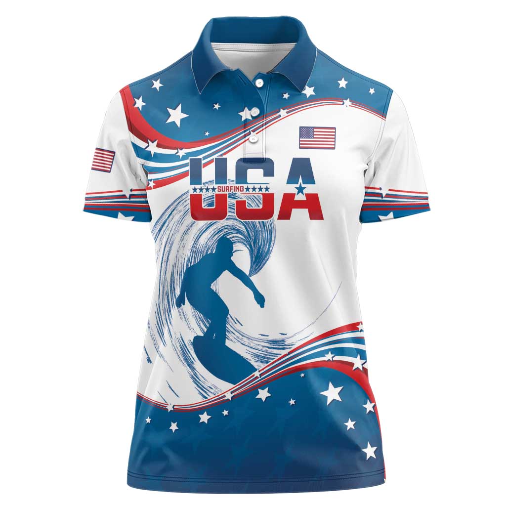 Personalized USA Surfing Women Polo Shirt 2024 United States Flag Curve Style