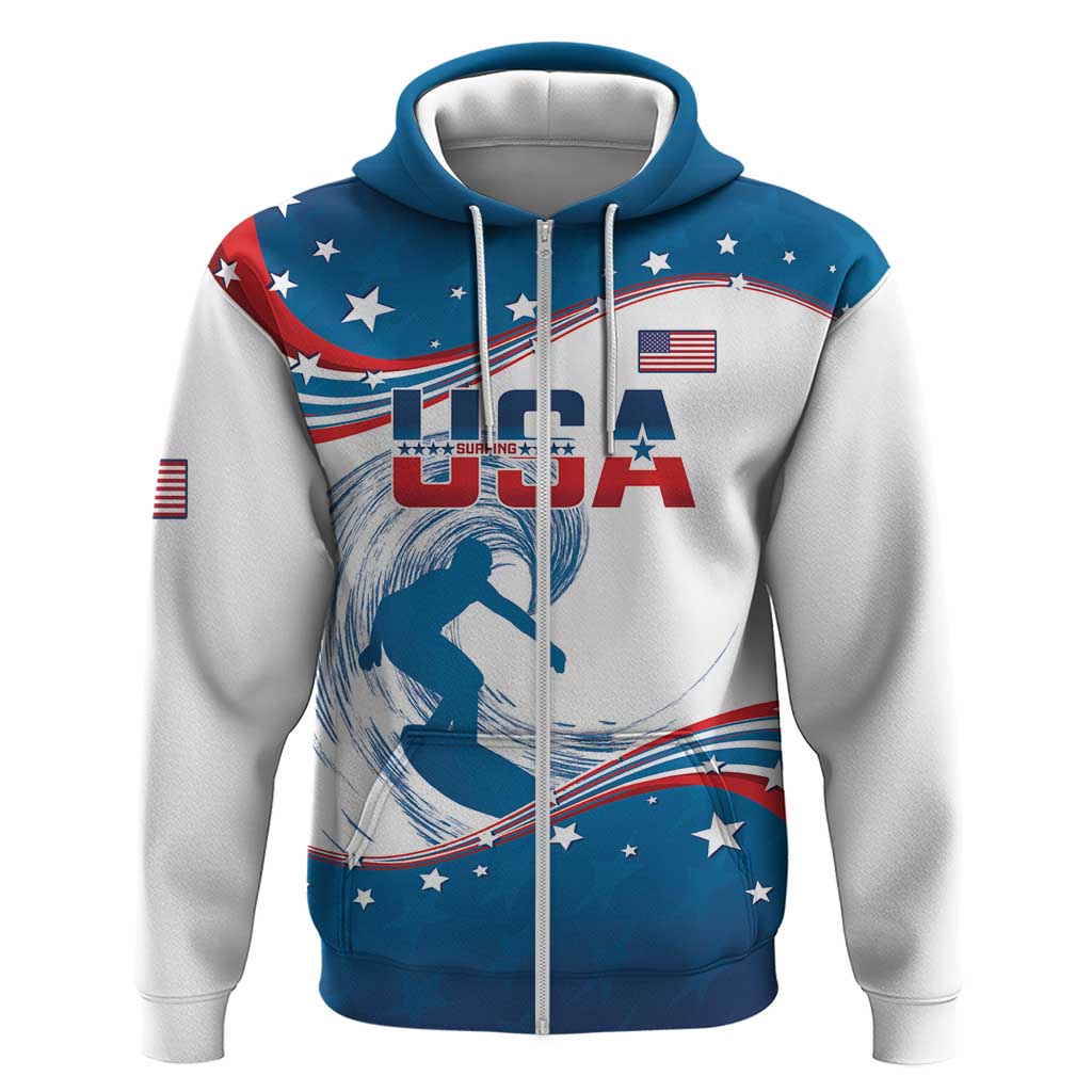 Personalized USA Surfing Zip Hoodie 2024 United States Flag Curve Style