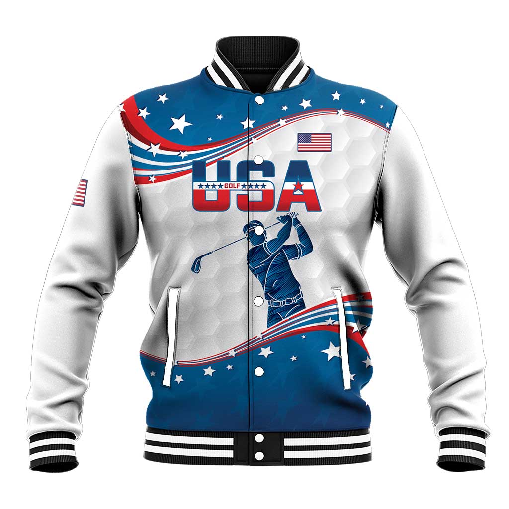 Blue and white USA flag baseball jacket with golf player graphic, snap button front