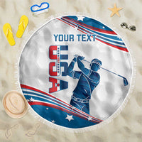 Round beach blanket with fringe, blue golfer silhouette and large 'YOUR TEXT' area