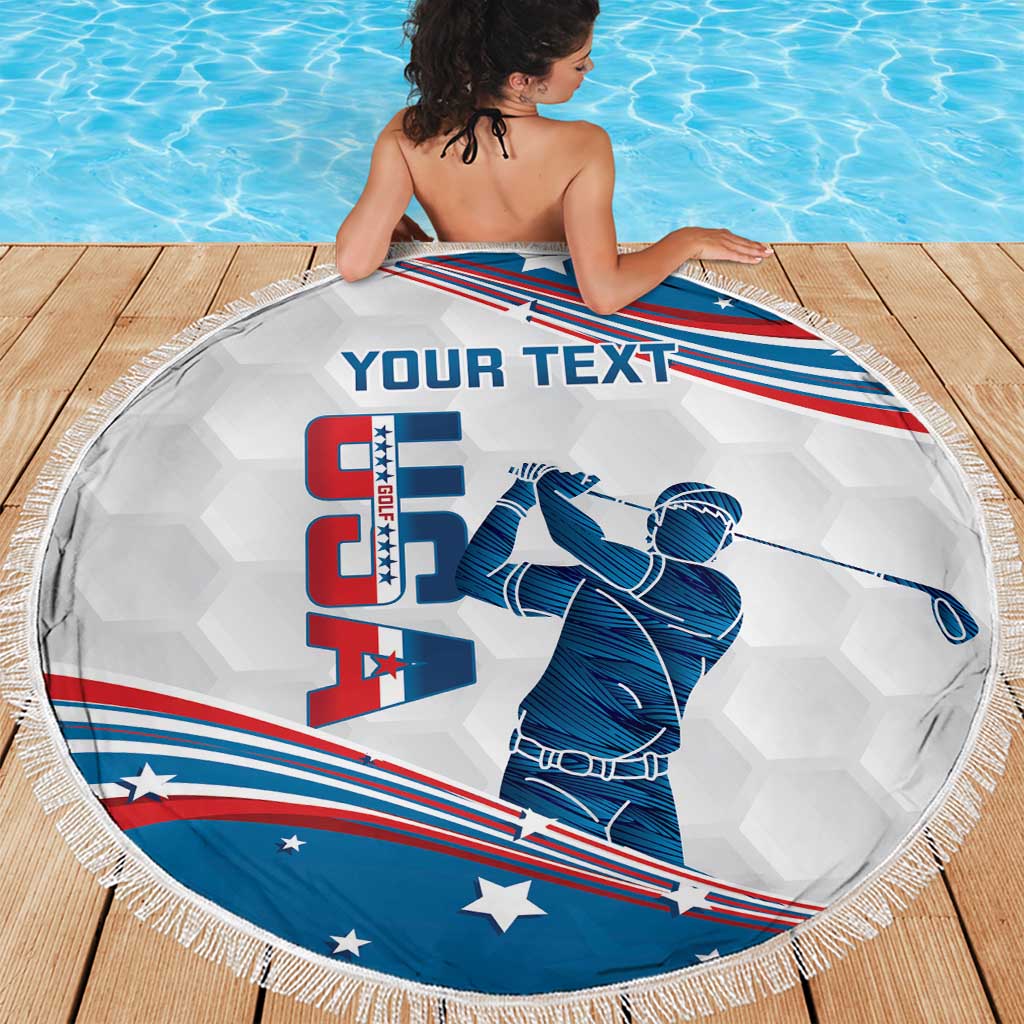 Round beach blanket with fringe, blue golfer silhouette and 'YOUR TEXT' area