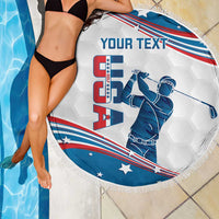Round USA flag beach blanket with fringe, blue golfer graphic and editable text area