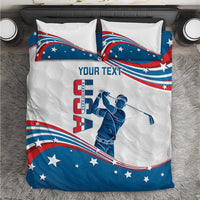 USA flag golf bedding set close-up with “YOUR TEXT” golfer graphic on white and blue