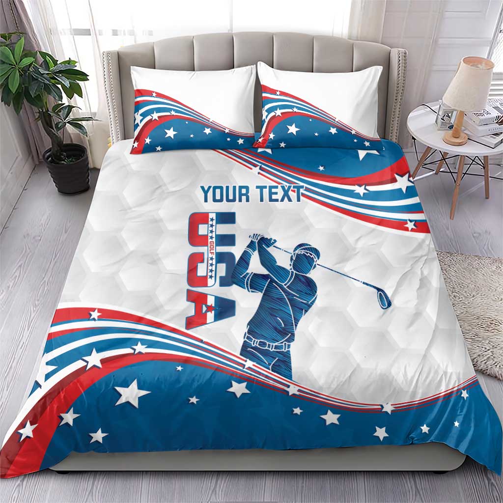 USA flag golf bedding set with golfer graphic and “YOUR TEXT” on white and blue cover