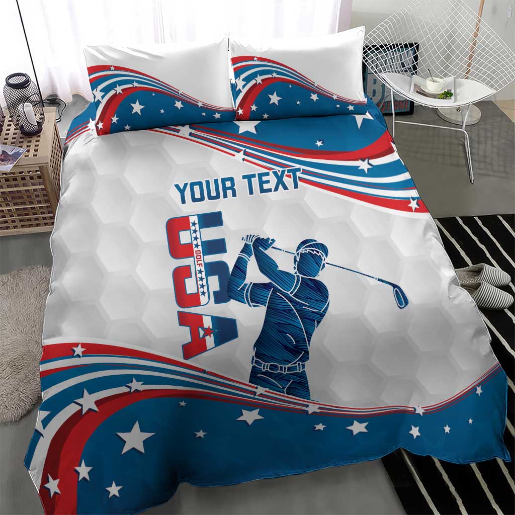 USA flag golf bedding set showing duvet and two pillows with “YOUR TEXT” golfer art