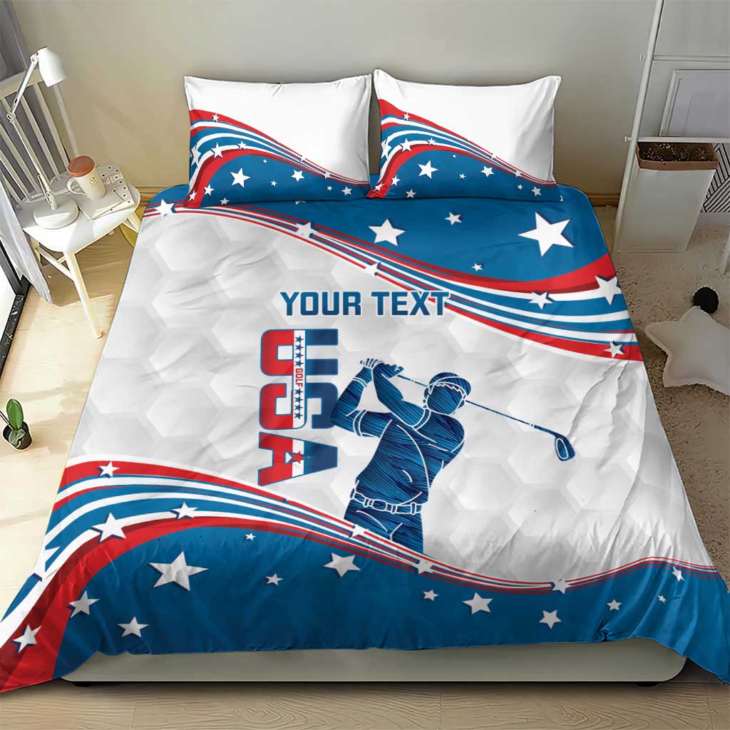 USA flag golf bedding set on bed with “YOUR TEXT” golfer graphic and star flag waves