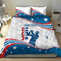 USA flag golf bedding set on bed with “YOUR TEXT” golfer graphic and star flag waves