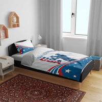 USA flag golf bedding set on bed with red, blue, and white flag-wave golfer design