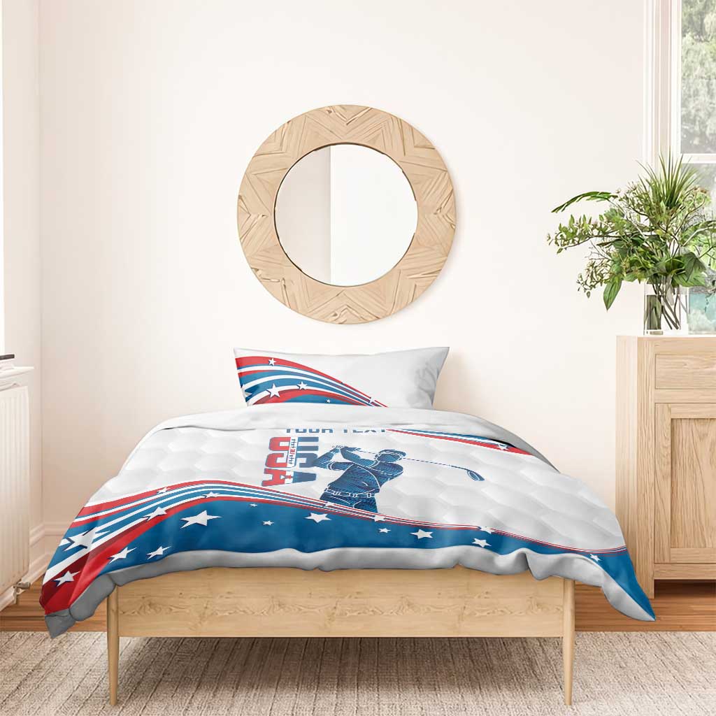 USA flag golf bedding set with “YOUR TEXT” golfer design on white duvet and blue flag wave