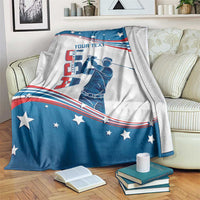 Personalized golf blanket with curved US flag design, golfer graphic, blue trim