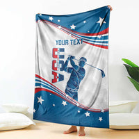 Personalized golf blanket featuring curved US flag stars and golfer graphic, blue border