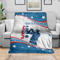 Personalized golf blanket on sofa with curved US flag stars and golfer graphic