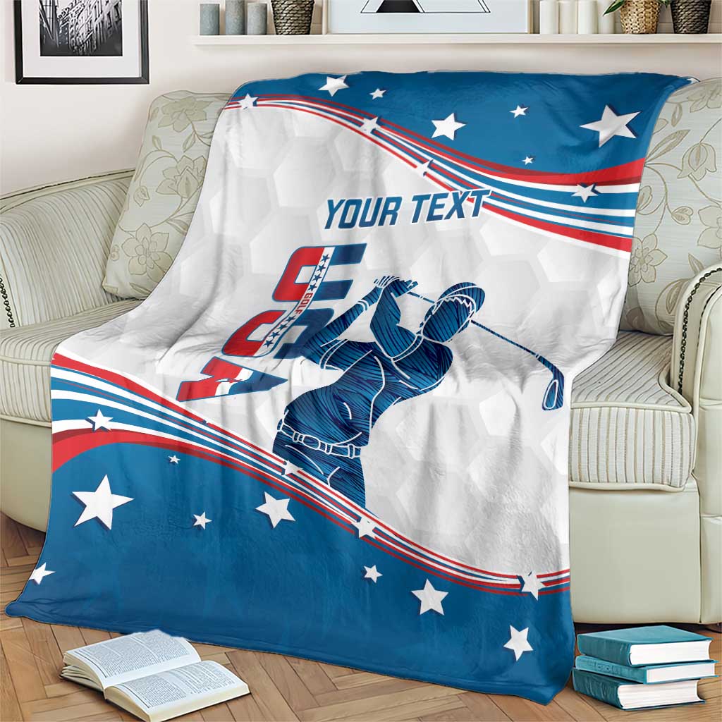 Personalized golf blanket with curved US flag stars, golfer illustration, blue-and-white