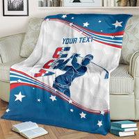 Personalized golf blanket with curved US flag stars, golfer illustration, blue-and-white