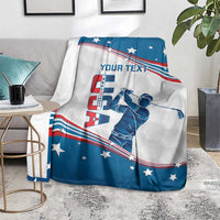 Personalized golf blanket draped on couch with curved US flag and golfer graphic