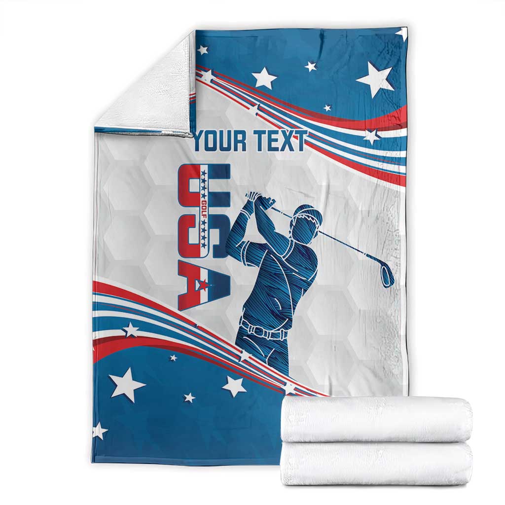 Personalized golf blanket folded with curved US flag stars, golfer graphic, blue trim