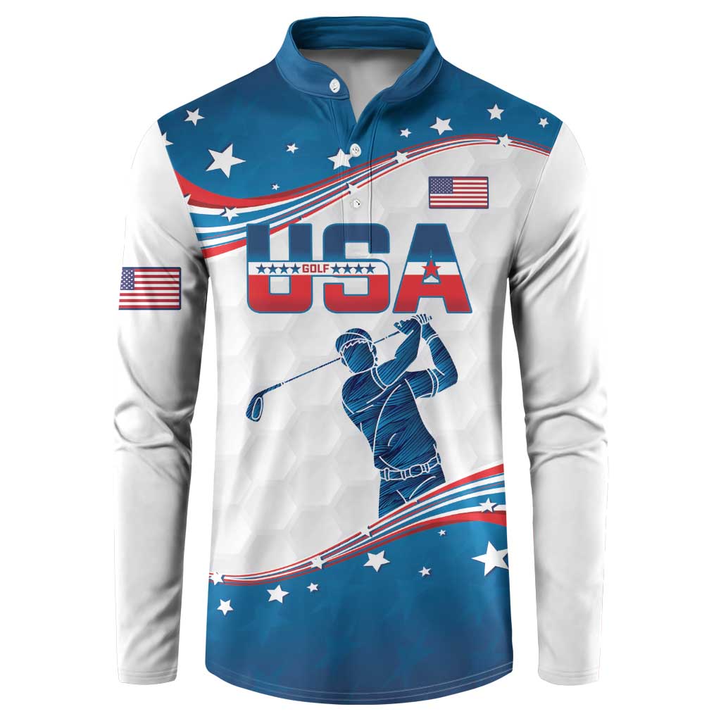 Blue and white long-sleeve pullover sweatshirt with USA flag and golfer graphic