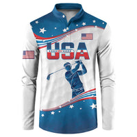 Blue and white long-sleeve pullover sweatshirt with USA flag and golfer graphic