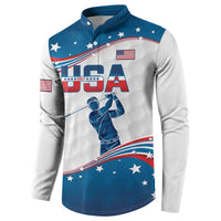 Blue and white golf button sweatshirt with USA stars-and-stripes golfer front design