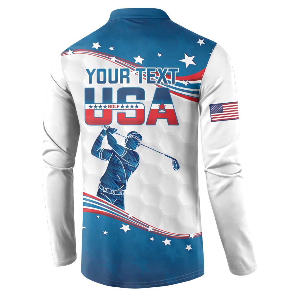 Back view: blue and white long-sleeve golf sweatshirt with “YOUR TEXT” and USA graphic