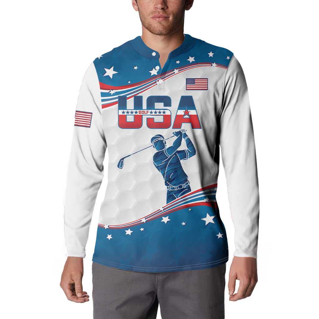 Men's golf button sweatshirt, white/blue with USA flag golfer graphic on chest