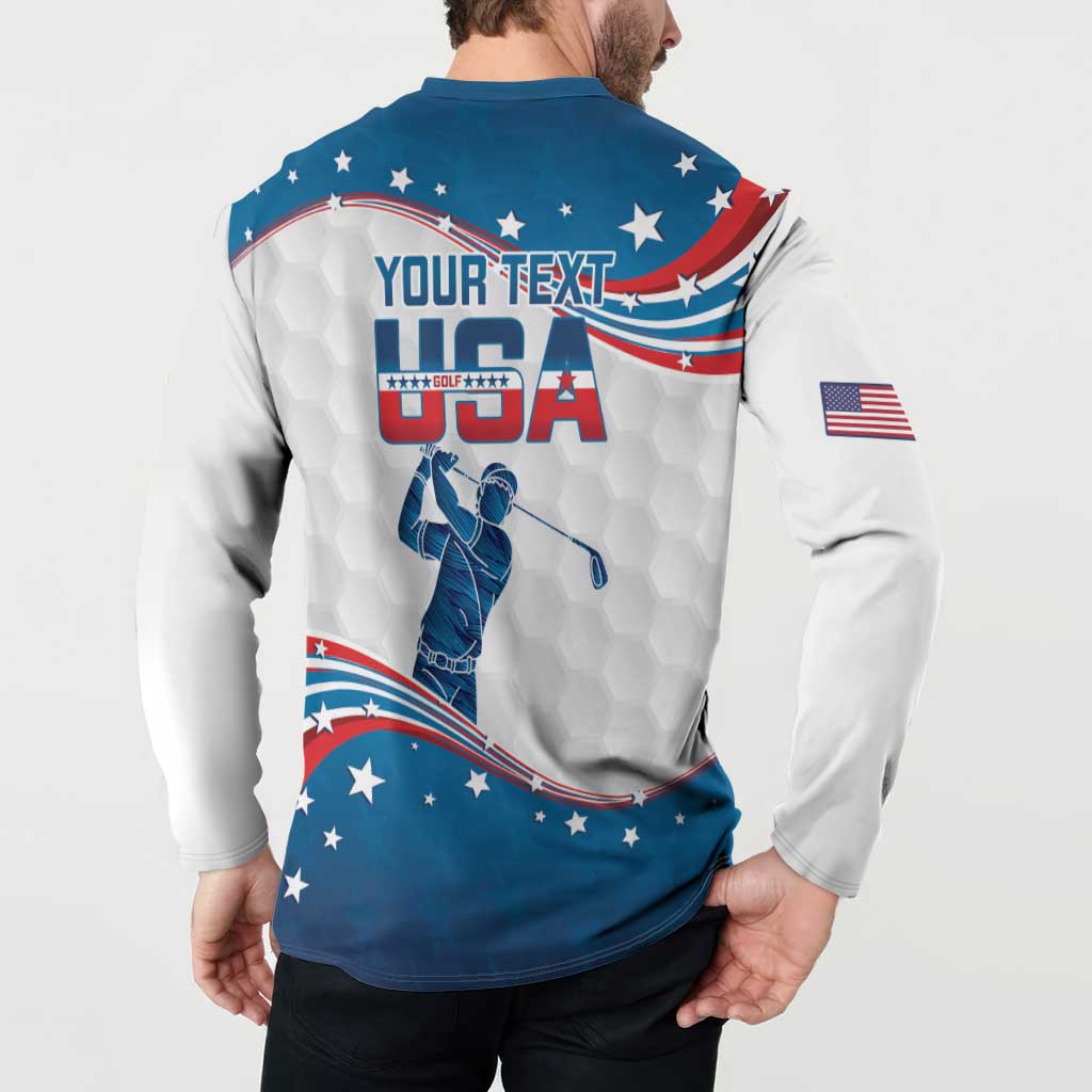 Back view: blue and white golf button sweatshirt with curved USA stars and stripes text