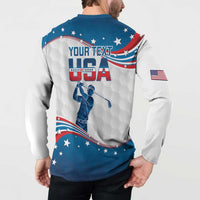 Back view: blue and white golf button sweatshirt with curved USA stars and stripes text