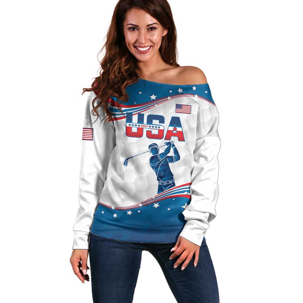 Personalized USA Golf Off Shoulder Sweater 2024 United States Flag Curve Style - Wonder Print Shop