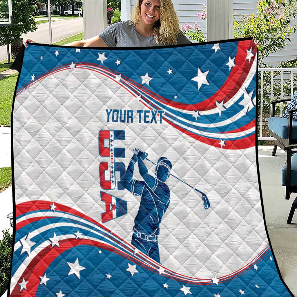 Personalized blue, white and red quilt with curved USA flag and golfer graphic