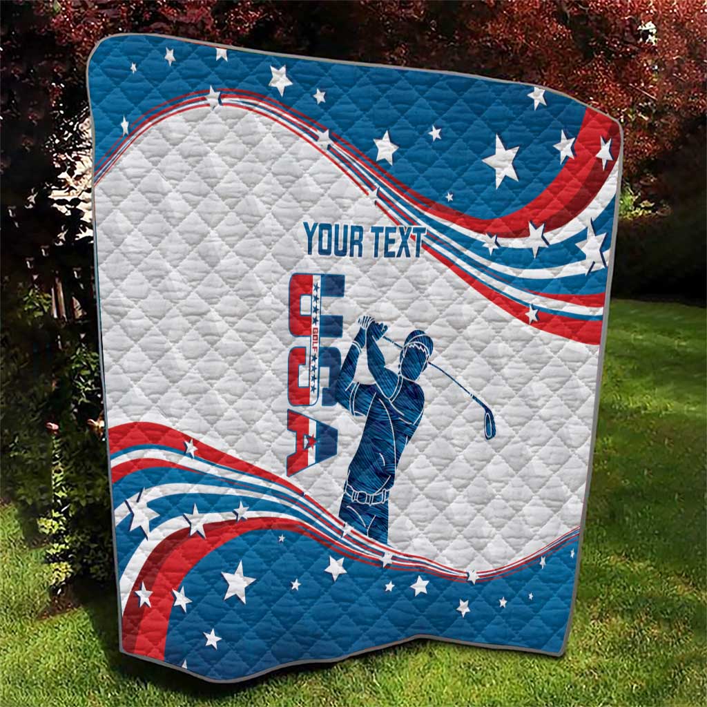 Personalized quilt with curved American flag design, blue stars and golfer graphic
