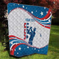 Personalized quilt with curved American flag design, blue stars and golfer graphic
