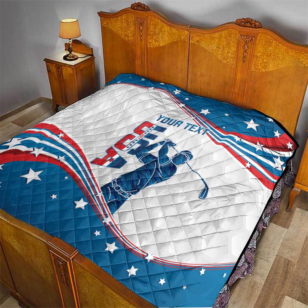 Personalized blue, white and red quilt featuring curved USA flag and golfer print