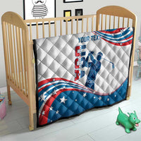 Personalized quilt for bed with curved USA flag print in blue, white and red