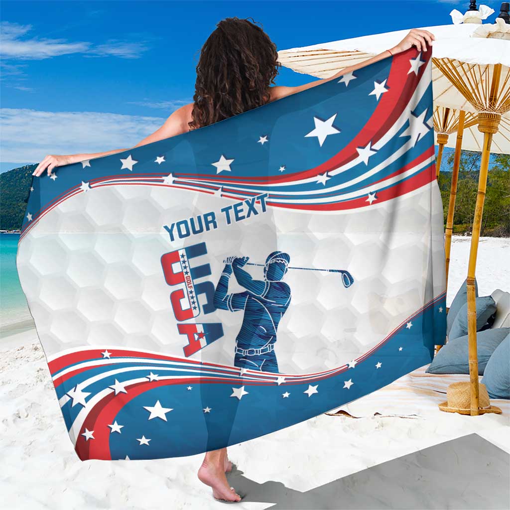 Personalized USA flag golf sarong with YOUR TEXT, golfer graphic, blue and red