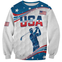 Personalized USA golf sweatshirt with blue-and-red flag curve and golfer graphic