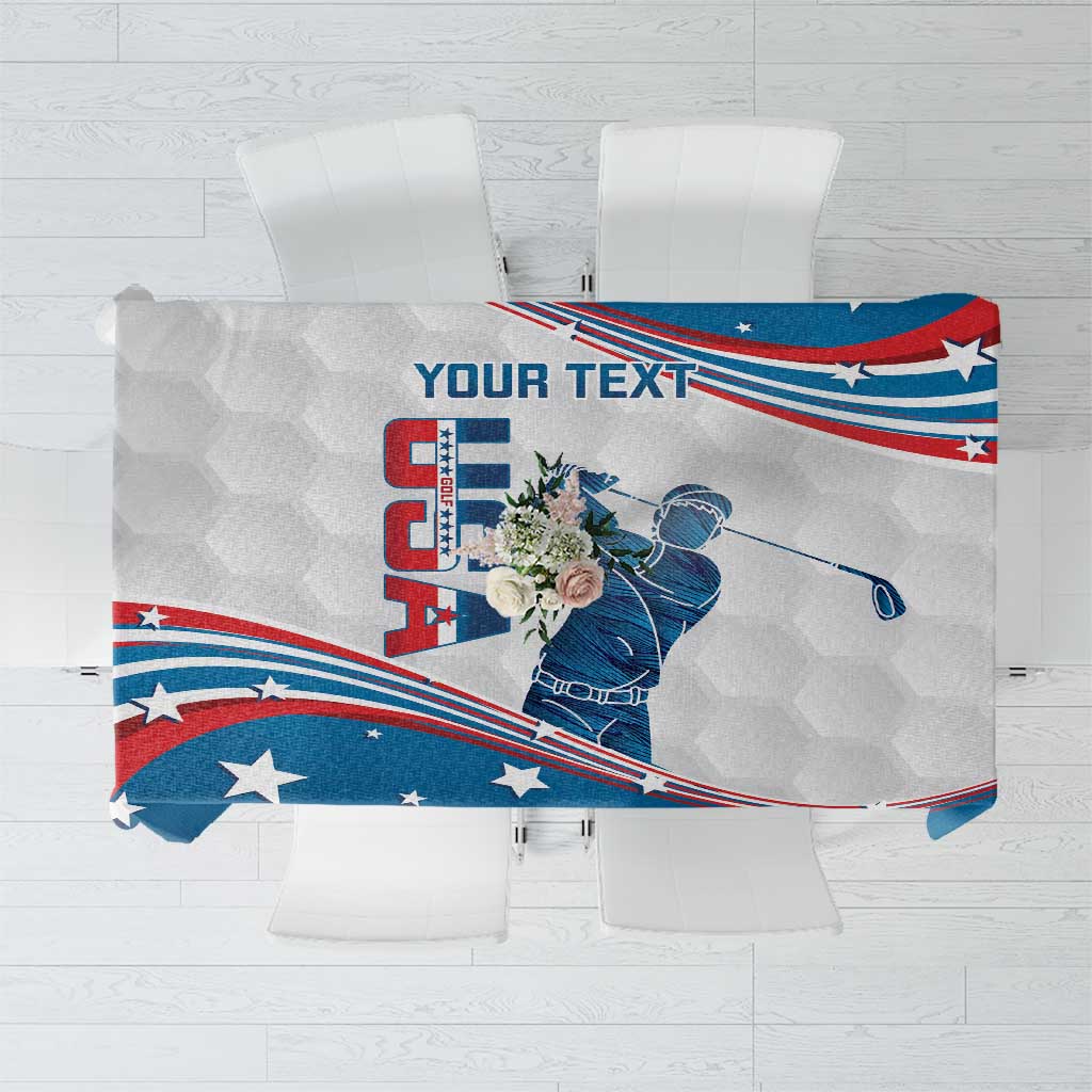 Personalized USA flag tablecloth with 'YOUR TEXT' graphic, stars and stripes centered