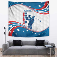 Golf tapestry displaying curved USA flag artwork with golfer and “YOUR TEXT” text area