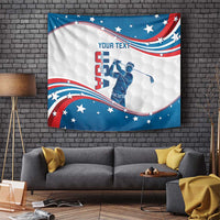 Wall-hanging golf tapestry showing curved USA flag design with golfer graphic and “YOUR TEXT”