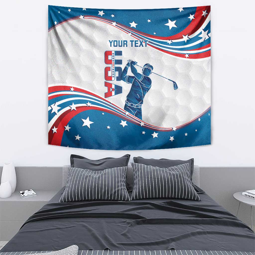 Golf tapestry with curved USA flag and golfer illustration, featuring “YOUR TEXT”