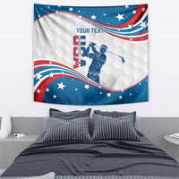 Golf tapestry with curved USA flag and golfer illustration, featuring “YOUR TEXT”