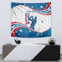 Rectangular golf tapestry with curved USA flag, golfer graphic, and “YOUR TEXT” label