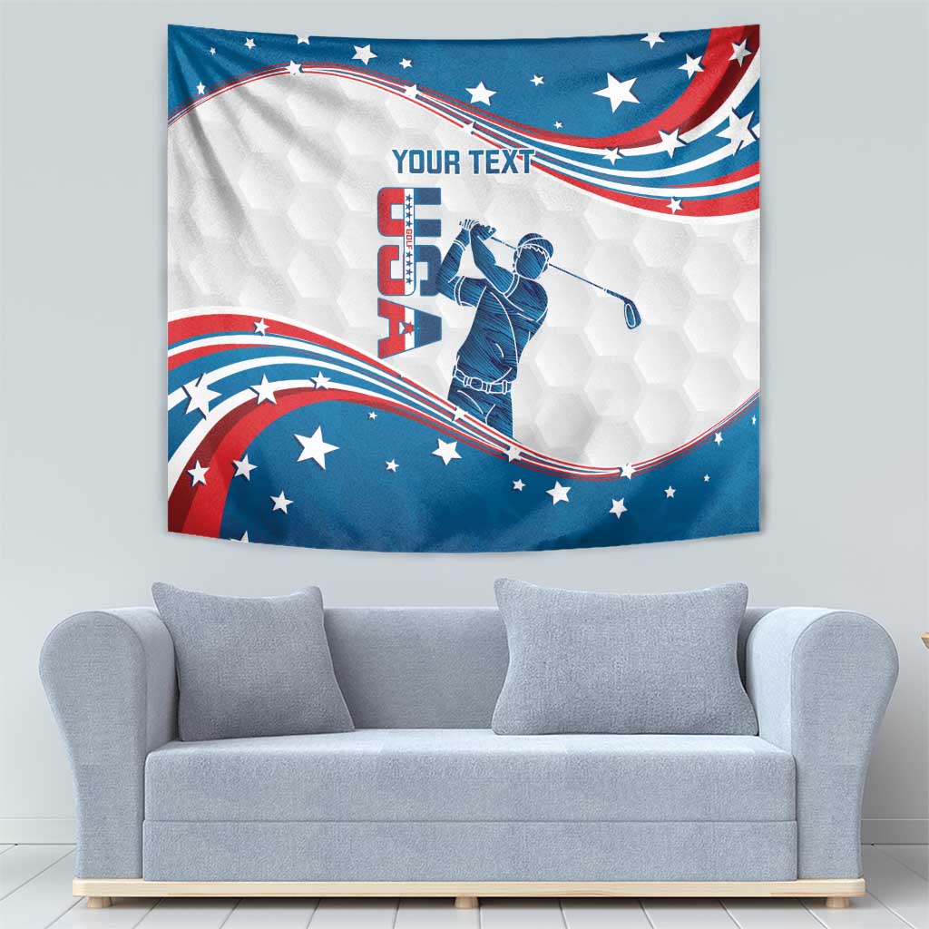 Rectangular golf wall tapestry with curved USA flag theme, golfer graphic, “YOUR TEXT”