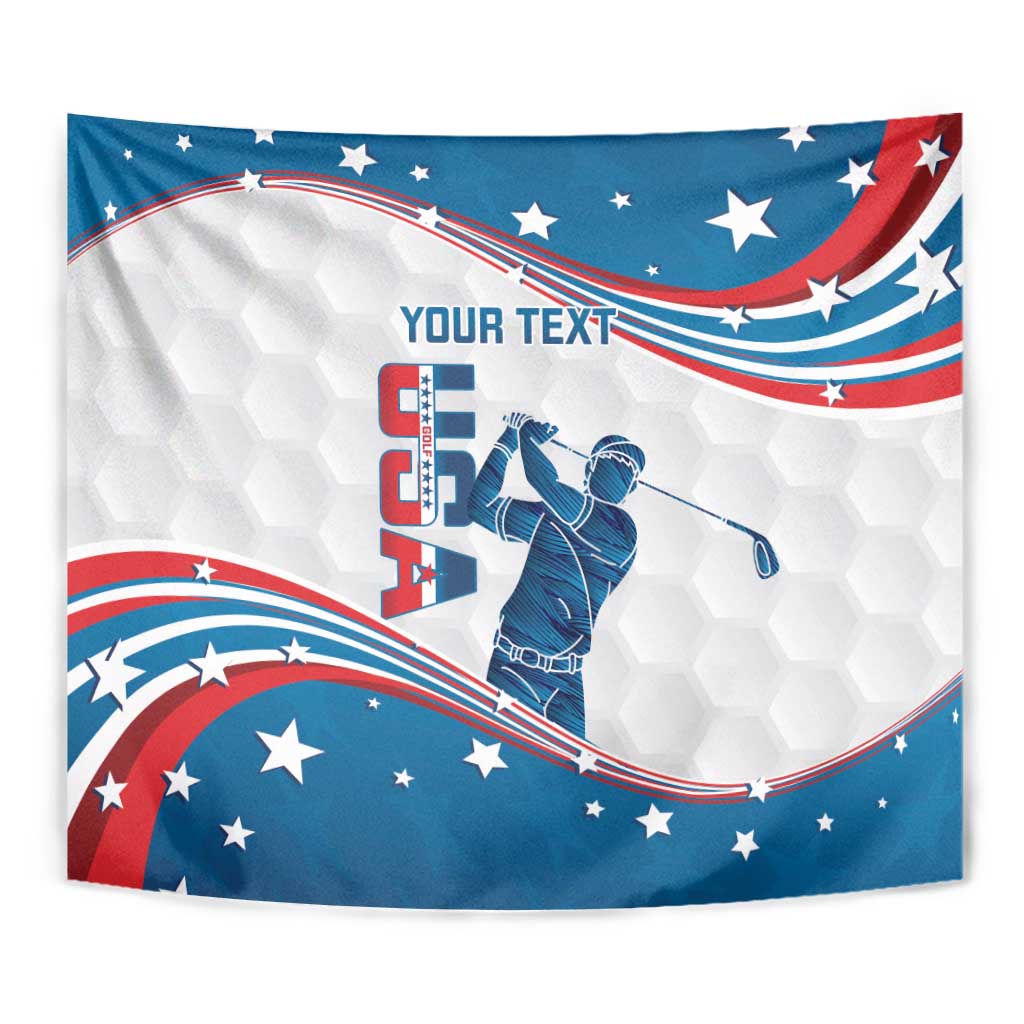 Centered golf tapestry with curved USA flag, golfer graphic, and “YOUR TEXT” placeholder