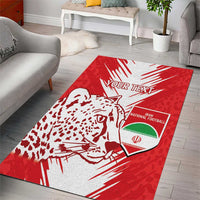 Red football area rug with lion illustration, "YOUR TEXT" banner, and national emblem.