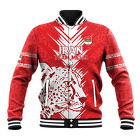 Red baseball jacket with white lion graphic, striped ribbed collar/cuffs, zip front