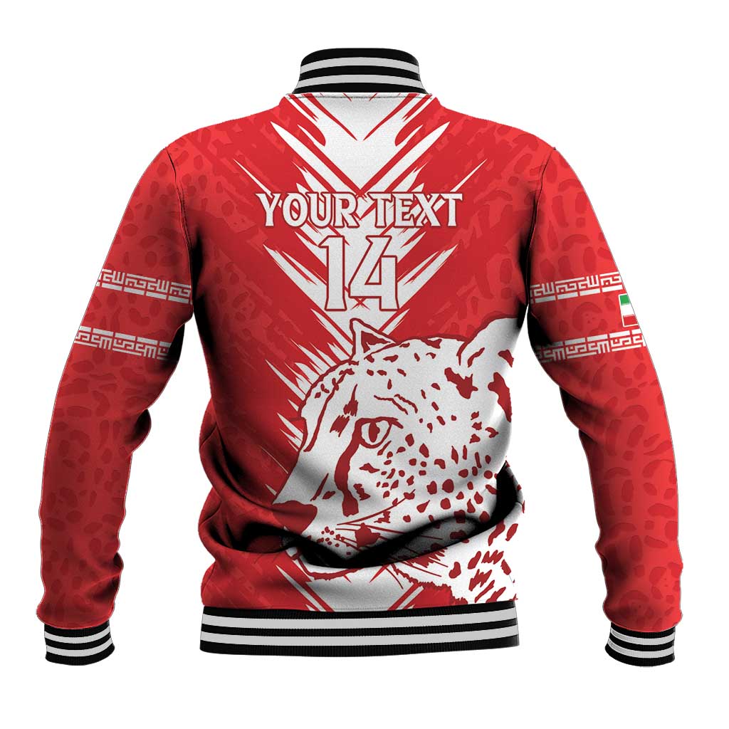 Red baseball jacket, back print with white lion pattern, number 14, striped ribbed hem