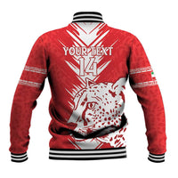 Red baseball jacket, back print with white lion pattern, number 14, striped ribbed hem