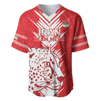 Red baseball jersey with IRAN TEAM MELLI lettering, leopard graphic, short sleeves