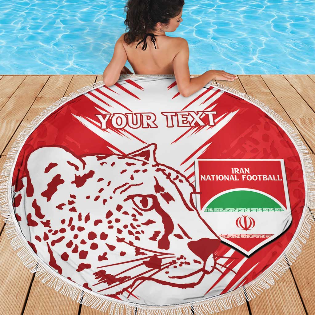 Round beach blanket with red lion print, Iran football shield, and white fringe