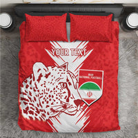 Red football bedding set with lion head graphic, “YOUR TEXT” print, and two matching pillows